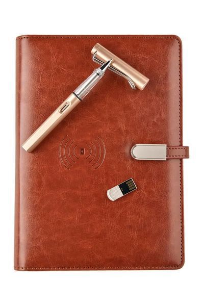 Блокнот з бездротовою зарядкою і флешкою 16 Гб Powerbank з еко-шкіри Коричневий 1014 фото
