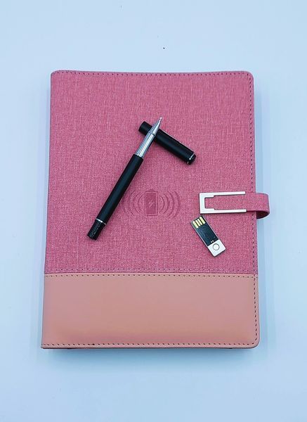 Блокнот з бездротовою зарядкою Universal щоденник з флешкою 16 Гб Powerbank Рожевий (тканина) 1003 фото