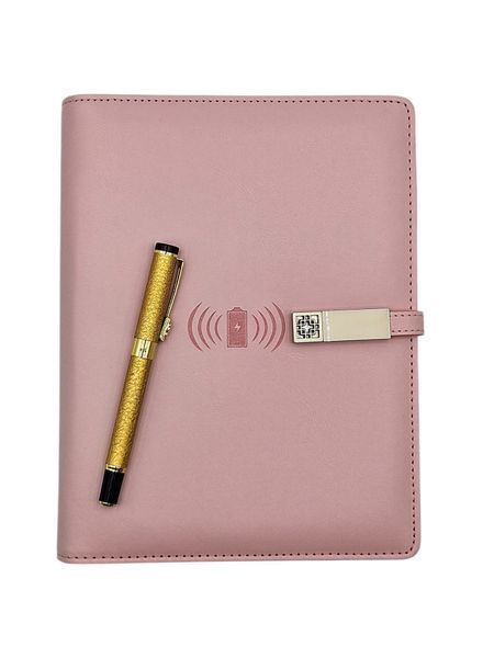 Блокнот з бездротовою зарядкою Universal щоденник з флешкою 16 Гб Powerbank Рожевий (тканина) 1003 фото