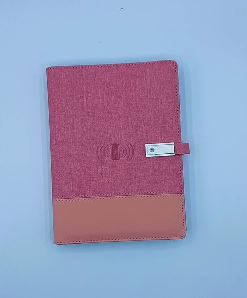 Блокнот з бездротовою зарядкою Universal щоденник з флешкою 16 Гб Powerbank Рожевий (тканина) 1003 фото