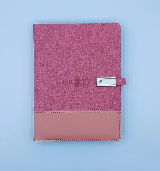 Блокнот з бездротовою зарядкою Universal щоденник з флешкою 16 Гб Powerbank Рожевий (тканина) 1003 фото